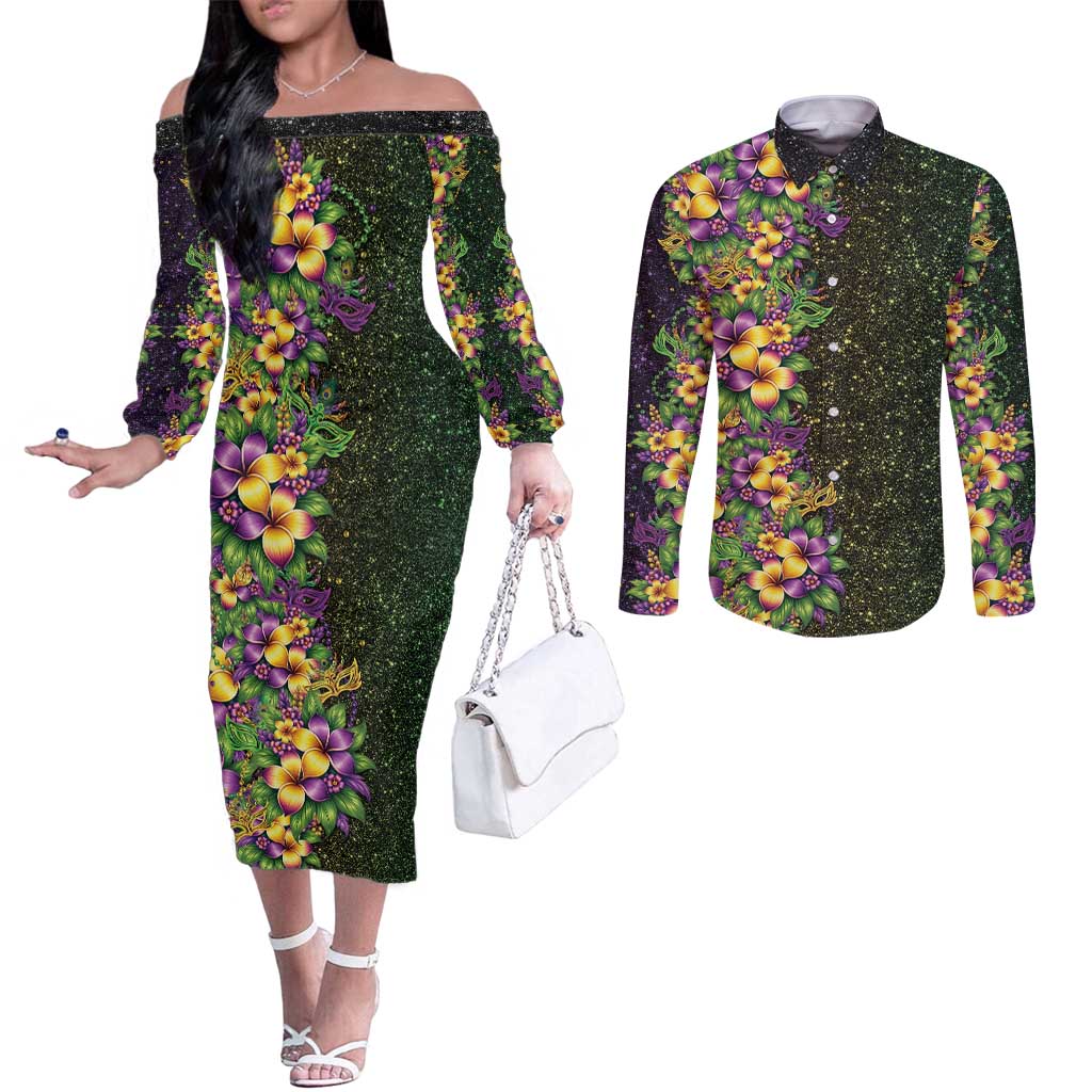 Hawaii Mardi Gras Couples Matching Off The Shoulder Long Sleeve Dress and Long Sleeve Button Shirt Tropical Flowers Glitter Style LT05 Black - Polynesian Pride
