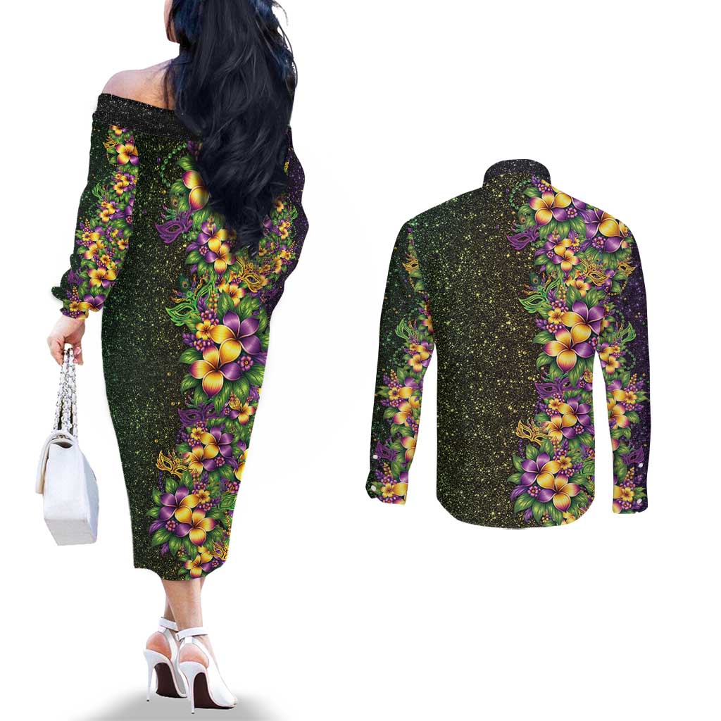Hawaii Mardi Gras Couples Matching Off The Shoulder Long Sleeve Dress and Long Sleeve Button Shirt Tropical Flowers Glitter Style LT05 - Polynesian Pride