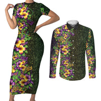 Hawaii Mardi Gras Couples Matching Short Sleeve Bodycon Dress and Long Sleeve Button Shirt Tropical Flowers Glitter Style LT05 Black - Polynesian Pride