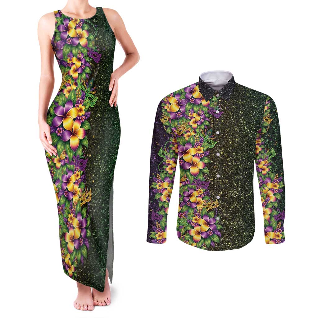 Hawaii Mardi Gras Couples Matching Tank Maxi Dress and Long Sleeve Button Shirt Tropical Flowers Glitter Style