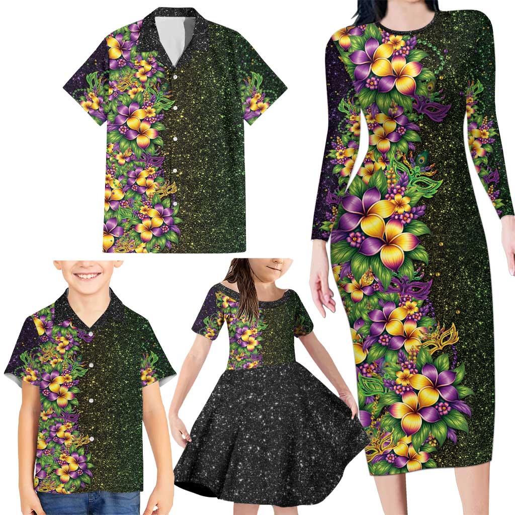 Hawaii Mardi Gras Family Matching Long Sleeve Bodycon Dress and Hawaiian Shirt Tropical Flowers Glitter Style LT05 - Polynesian Pride