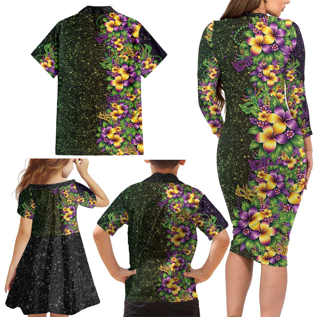 Hawaii Mardi Gras Family Matching Long Sleeve Bodycon Dress and Hawaiian Shirt Tropical Flowers Glitter Style LT05 - Polynesian Pride