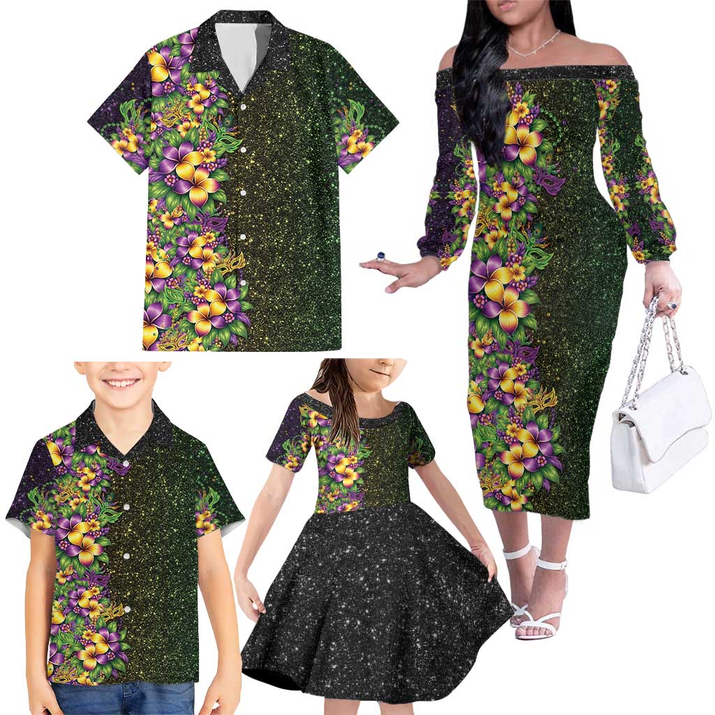 Hawaii Mardi Gras Family Matching Off The Shoulder Long Sleeve Dress and Hawaiian Shirt Tropical Flowers Glitter Style LT05 - Polynesian Pride
