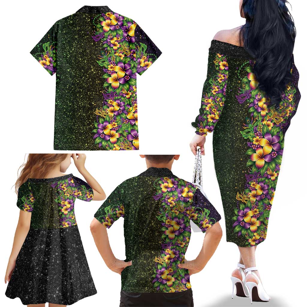 Hawaii Mardi Gras Family Matching Off The Shoulder Long Sleeve Dress and Hawaiian Shirt Tropical Flowers Glitter Style LT05 - Polynesian Pride