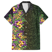 Hawaii Mardi Gras Family Matching Off The Shoulder Long Sleeve Dress and Hawaiian Shirt Tropical Flowers Glitter Style LT05 Dad's Shirt - Short Sleeve Black - Polynesian Pride