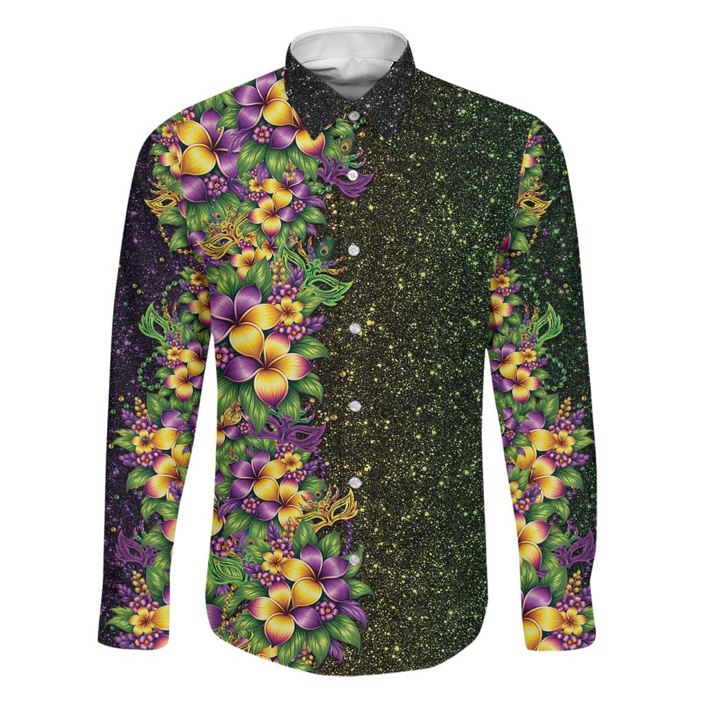 Hawaii Mardi Gras Family Matching Off The Shoulder Long Sleeve Dress and Hawaiian Shirt Tropical Flowers Glitter Style LT05 Dad's Shirt - Long Sleeve Black - Polynesian Pride