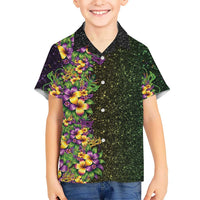 Hawaii Mardi Gras Family Matching Off Shoulder Maxi Dress and Hawaiian Shirt Tropical Flowers Glitter Style LT05 Son's Shirt Black - Polynesian Pride