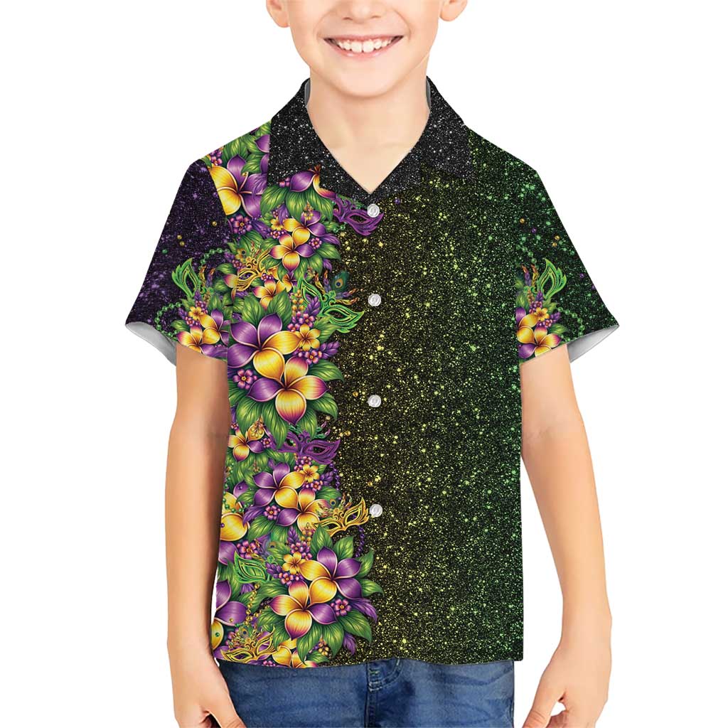 Hawaii Mardi Gras Family Matching Off Shoulder Short Dress and Hawaiian Shirt Tropical Flowers Glitter Style LT05 Son's Shirt Black - Polynesian Pride