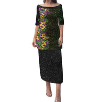 Hawaii Mardi Gras Family Matching Puletasi and Hawaiian Shirt Tropical Flowers Glitter Style LT05 Mom's Dress Black - Polynesian Pride
