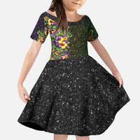 Hawaii Mardi Gras Family Matching Short Sleeve Bodycon Dress and Hawaiian Shirt Tropical Flowers Glitter Style LT05 Daughter's Dress Black - Polynesian Pride