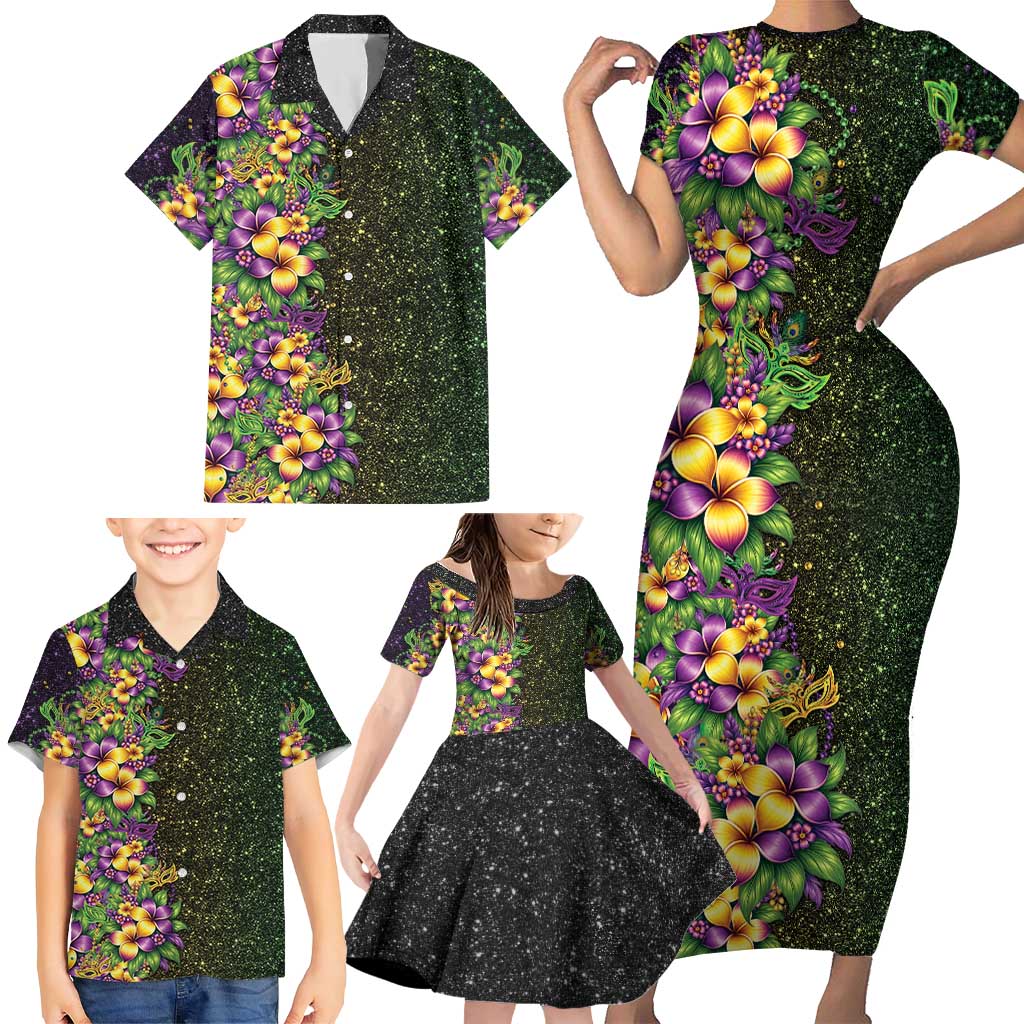 Hawaii Mardi Gras Family Matching Short Sleeve Bodycon Dress and Hawaiian Shirt Tropical Flowers Glitter Style LT05 - Polynesian Pride