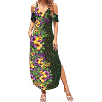 Hawaii Mardi Gras Family Matching Summer Maxi Dress and Hawaiian Shirt Tropical Flowers Glitter Style LT05 Mom's Dress Black - Polynesian Pride