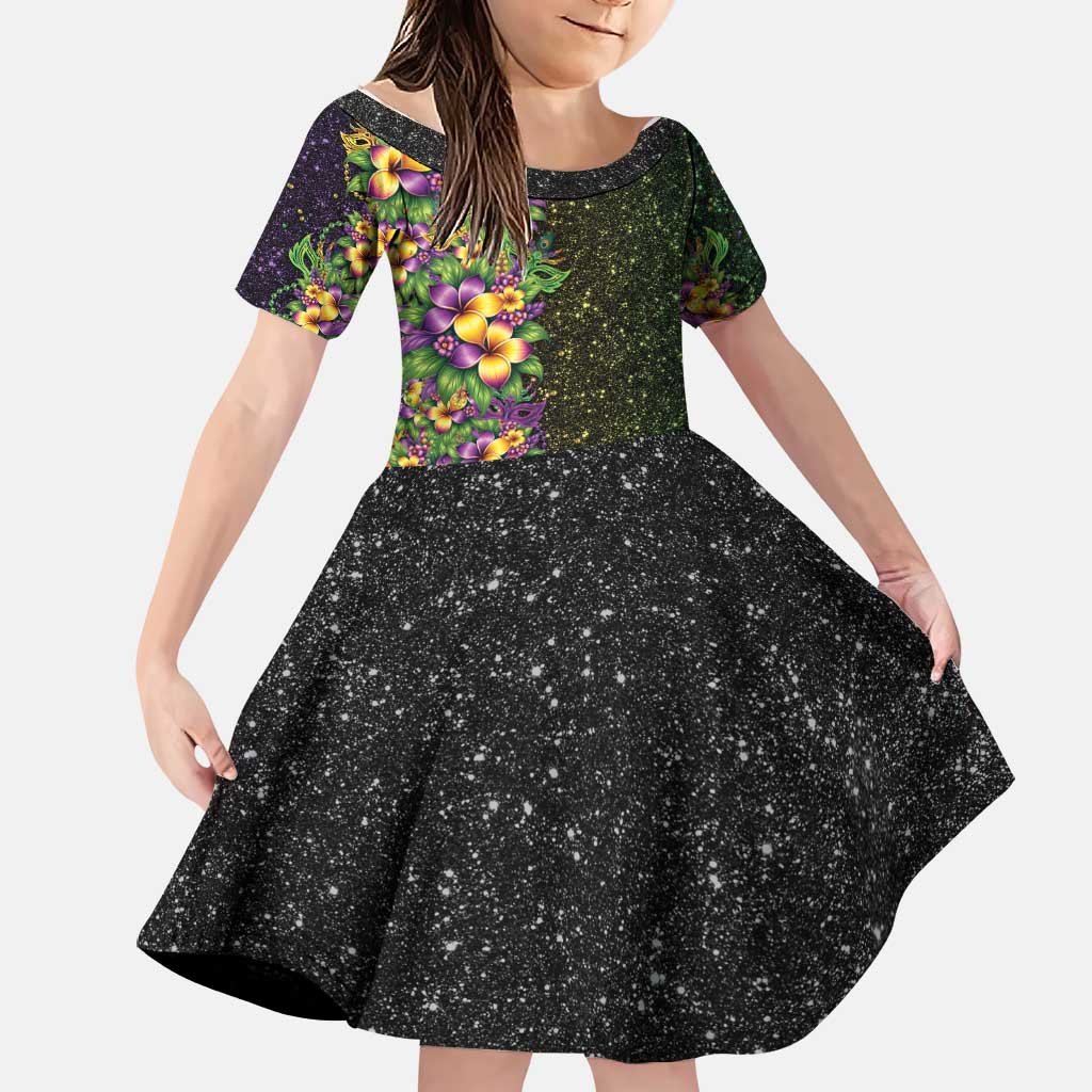 Hawaii Mardi Gras Family Matching Tank Maxi Dress and Hawaiian Shirt Tropical Flowers Glitter Style LT05 Daughter's Dress Black - Polynesian Pride