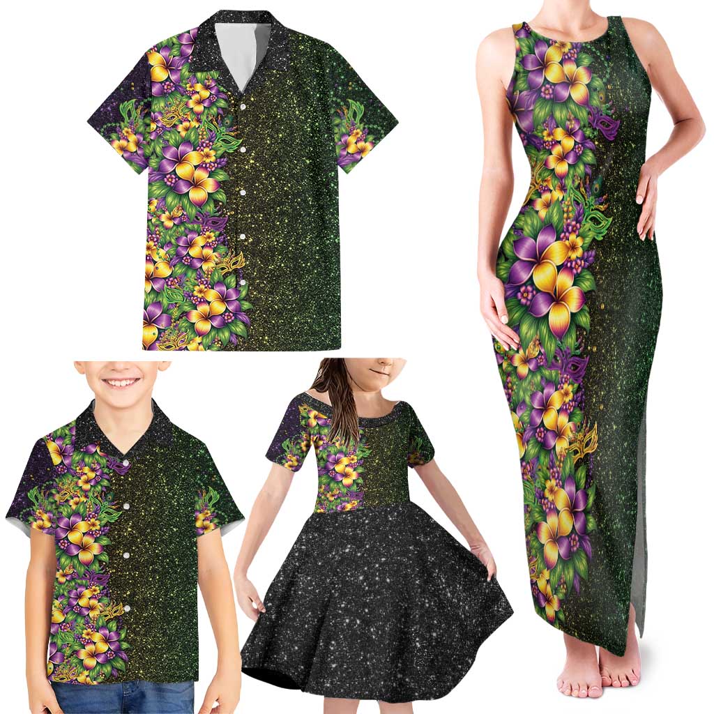 Hawaii Mardi Gras Family Matching Tank Maxi Dress and Hawaiian Shirt Tropical Flowers Glitter Style