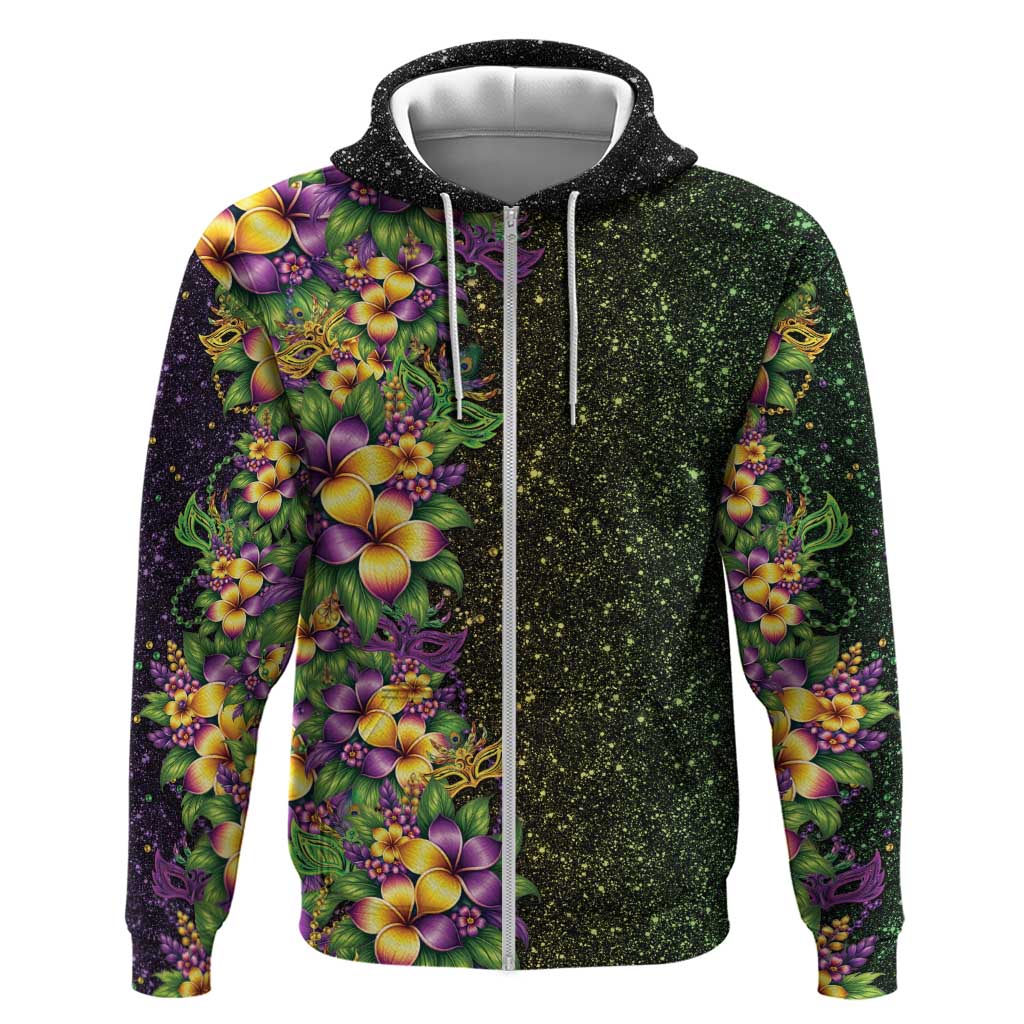 Hawaii Mardi Gras Hoodie Tropical Flowers Glitter Style LT05 Zip Hoodie Black - Polynesian Pride
