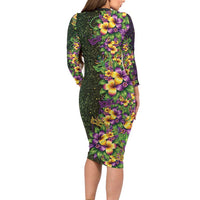 Hawaii Mardi Gras Long Sleeve Bodycon Dress Tropical Flowers Glitter Style