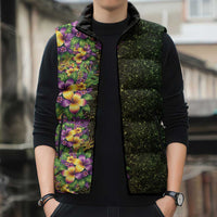 Hawaii Mardi Gras Sleeveless Puffer Jacket Tropical Flowers Glitter Style