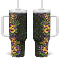 Hawaii Mardi Gras Tumbler With Handle Tropical Flowers Glitter Style LT05 One Size: 40 oz Black - Polynesian Pride
