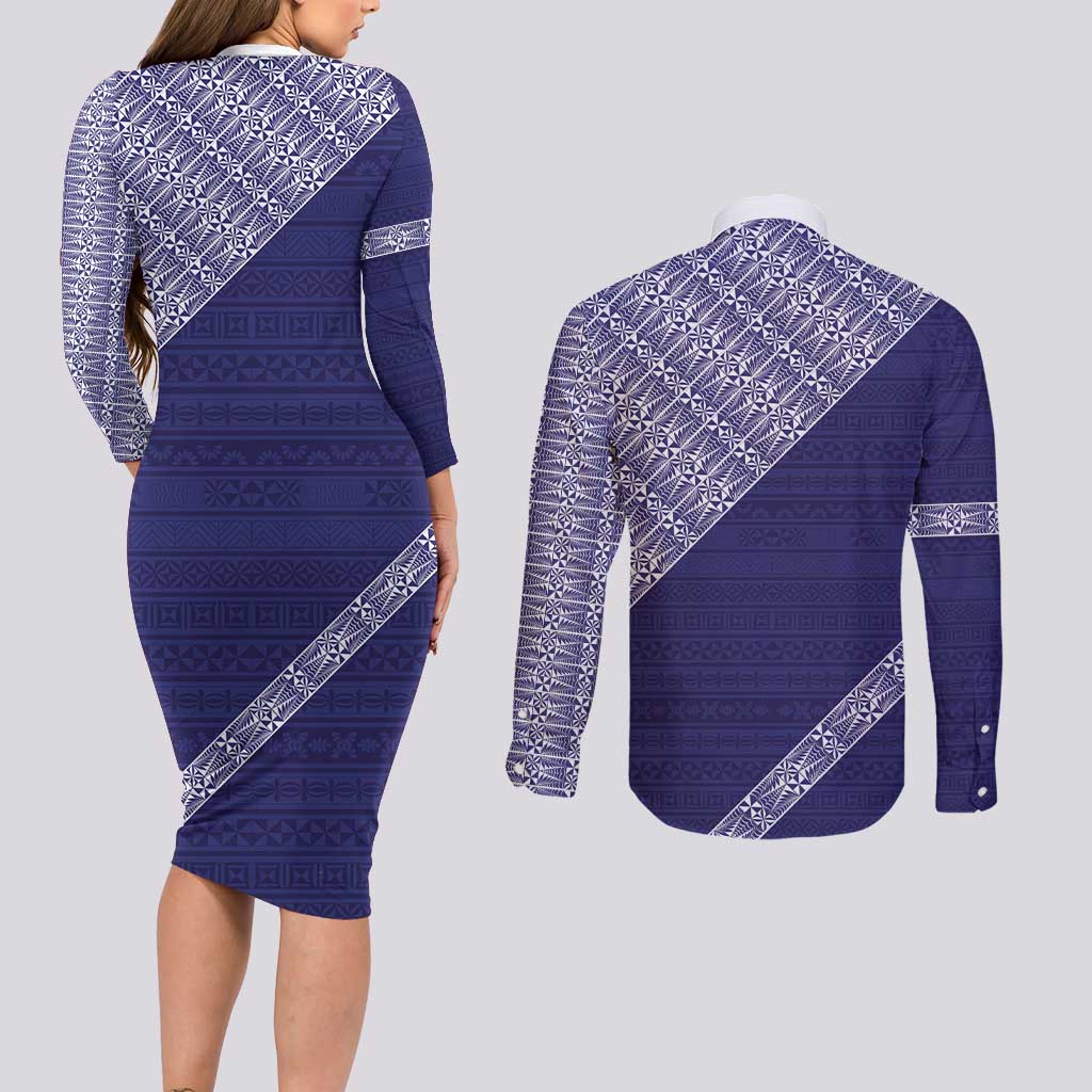 Tonga Queen Salote College Couples Matching Long Sleeve Bodycon Dress and Long Sleeve Button Shirt 100 Years Anniversary Navy Color LT05 - Polynesian Pride