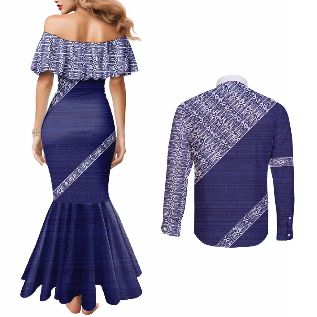 Tonga Queen Salote College Couples Matching Mermaid Dress and Long Sleeve Button Shirt 100 Years Anniversary Navy Color LT05 - Polynesian Pride