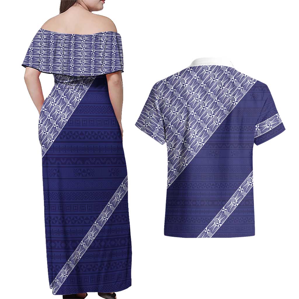 Tonga Queen Salote College Couples Matching Off Shoulder Maxi Dress and Hawaiian Shirt 100 Years Anniversary Navy Color LT05 - Polynesian Pride