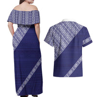 Tonga Queen Salote College Couples Matching Off Shoulder Maxi Dress and Hawaiian Shirt 100 Years Anniversary Navy Color LT05 - Polynesian Pride