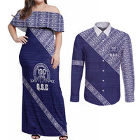 Tonga Queen Salote College Couples Matching Off Shoulder Maxi Dress and Long Sleeve Button Shirt 100 Years Anniversary Navy Color LT05 Navy - Polynesian Pride