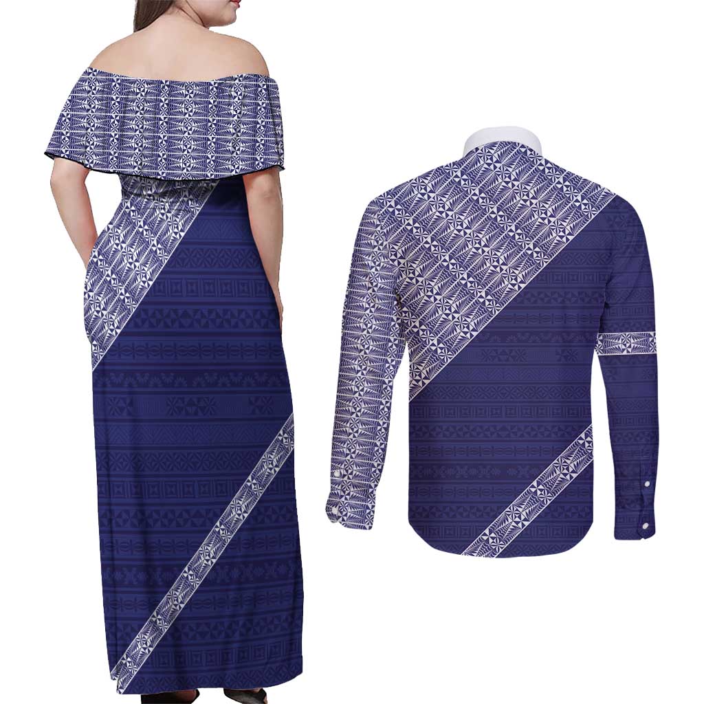 Tonga Queen Salote College Couples Matching Off Shoulder Maxi Dress and Long Sleeve Button Shirt 100 Years Anniversary Navy Color LT05 - Polynesian Pride