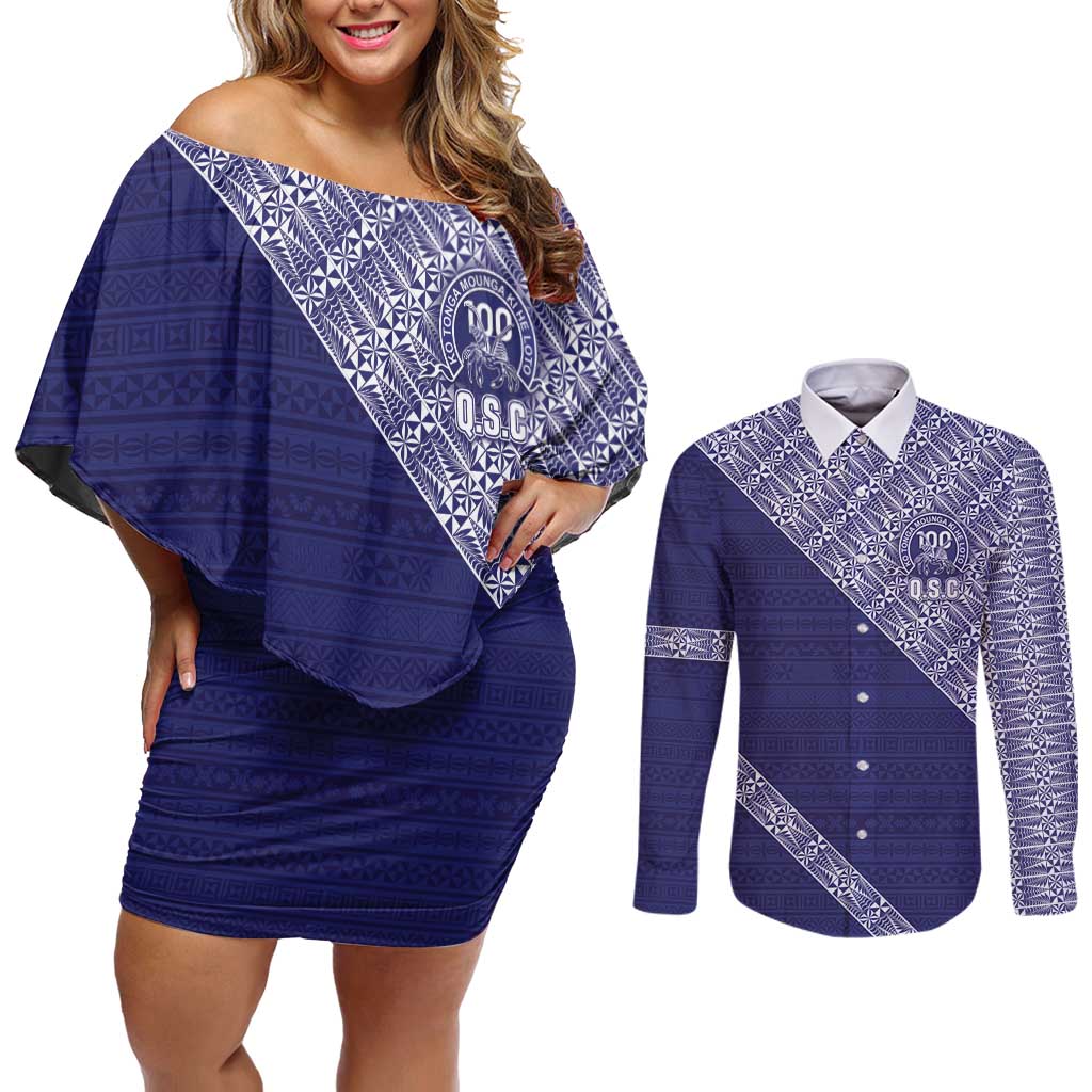 Tonga Queen Salote College Couples Matching Off Shoulder Short Dress and Long Sleeve Button Shirt 100 Years Anniversary Navy Color LT05 Navy - Polynesian Pride