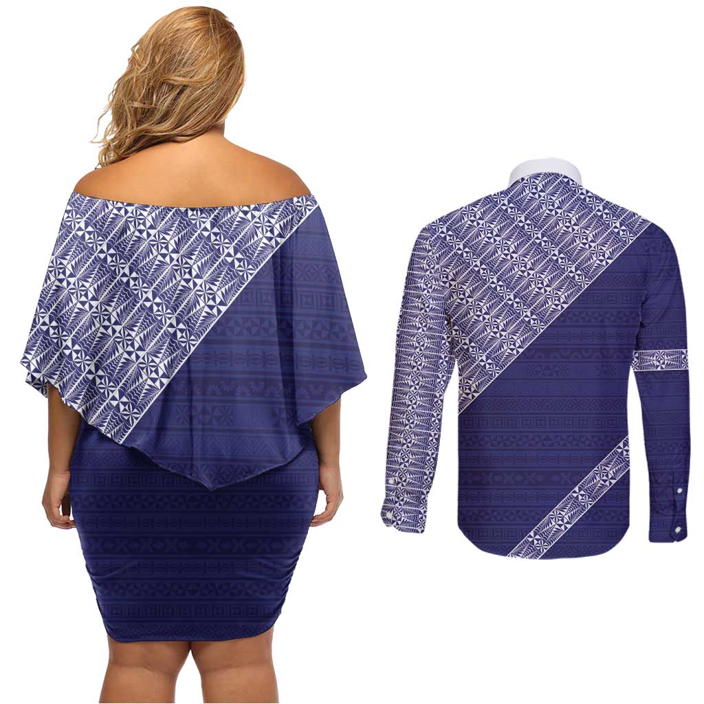 Tonga Queen Salote College Couples Matching Off Shoulder Short Dress and Long Sleeve Button Shirt 100 Years Anniversary Navy Color LT05 - Polynesian Pride