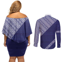 Tonga Queen Salote College Couples Matching Off Shoulder Short Dress and Long Sleeve Button Shirt 100 Years Anniversary Navy Color LT05 - Polynesian Pride