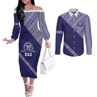 Tonga Queen Salote College Couples Matching Off The Shoulder Long Sleeve Dress and Long Sleeve Button Shirt 100 Years Anniversary Navy Color LT05 Navy - Polynesian Pride