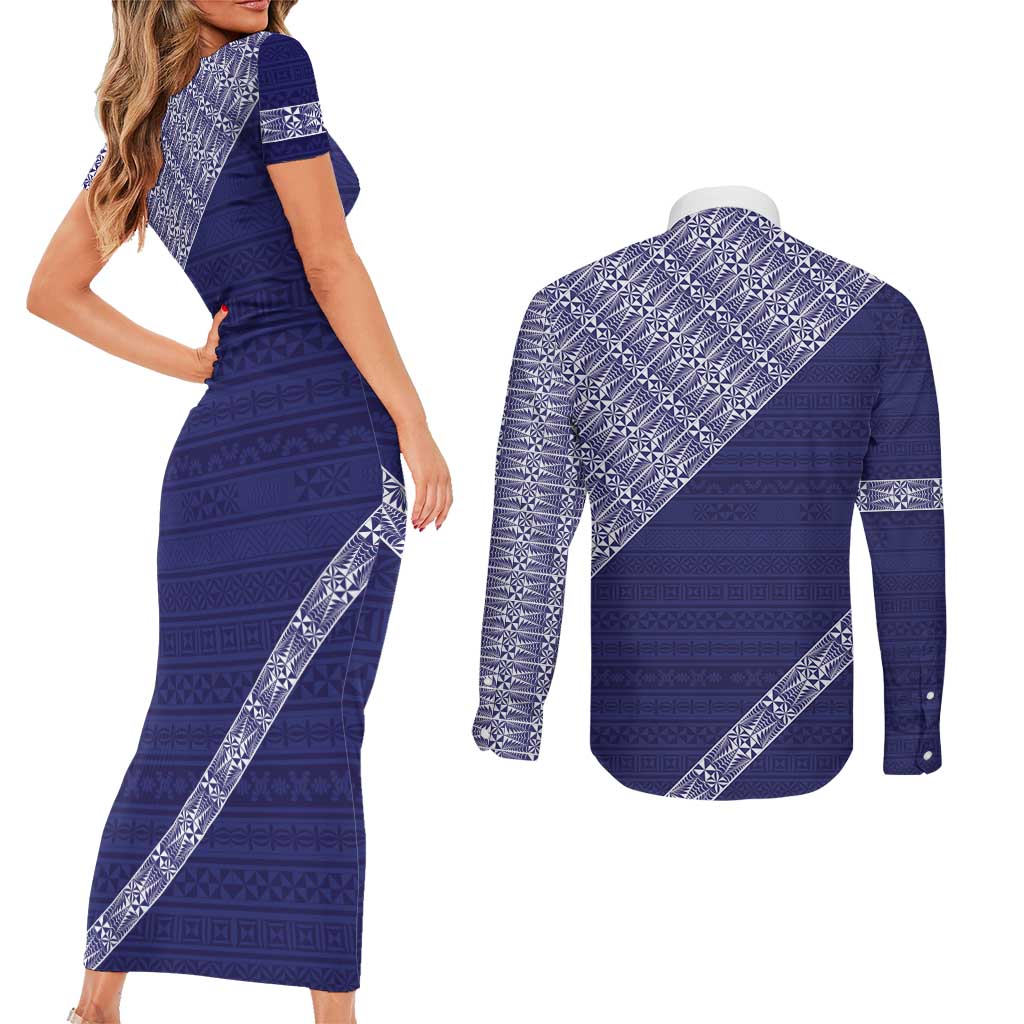 Tonga Queen Salote College Couples Matching Short Sleeve Bodycon Dress and Long Sleeve Button Shirt 100 Years Anniversary Navy Color LT05 - Polynesian Pride