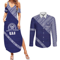 Tonga Queen Salote College Couples Matching Summer Maxi Dress and Long Sleeve Button Shirt 100 Years Anniversary Navy Color LT05 Navy - Polynesian Pride