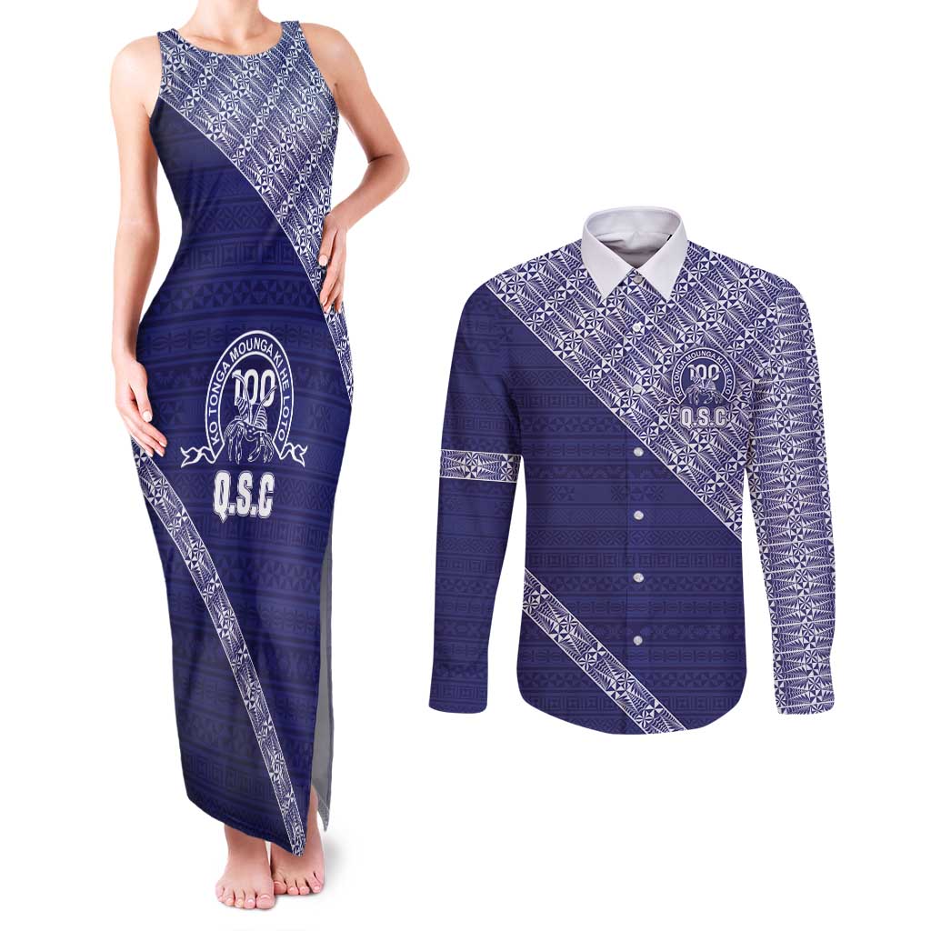 Tonga Queen Salote College Couples Matching Tank Maxi Dress and Long Sleeve Button Shirt 100 Years Anniversary Navy Color LT05 Navy - Polynesian Pride