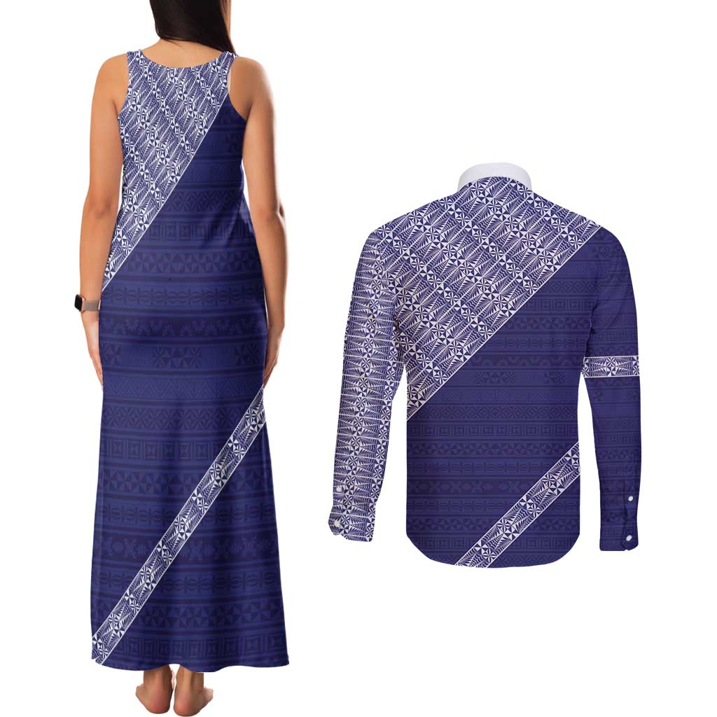 Tonga Queen Salote College Couples Matching Tank Maxi Dress and Long Sleeve Button Shirt 100 Years Anniversary Navy Color LT05 - Polynesian Pride