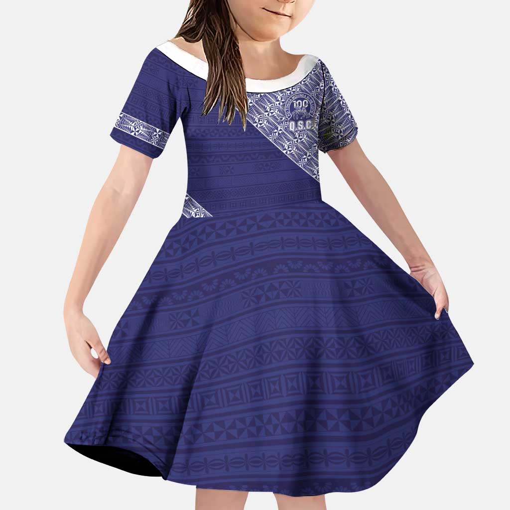 Tonga Queen Salote College Family Matching Off The Shoulder Long Sleeve Dress and Hawaiian Shirt 100 Years Anniversary Navy Color LT05 Daughter's Dress Navy - Polynesian Pride