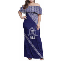 Tonga Queen Salote College Family Matching Off Shoulder Maxi Dress and Hawaiian Shirt 100 Years Anniversary Navy Color LT05 Mom's Dress Navy - Polynesian Pride