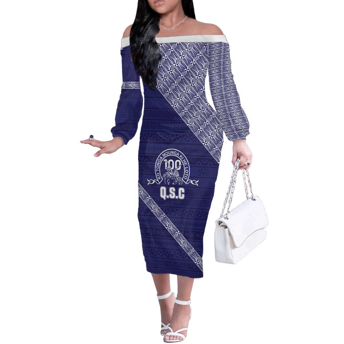 Tonga Queen Salote College Off The Shoulder Long Sleeve Dress 100 Years Anniversary Navy Color LT05 Women Navy - Polynesian Pride