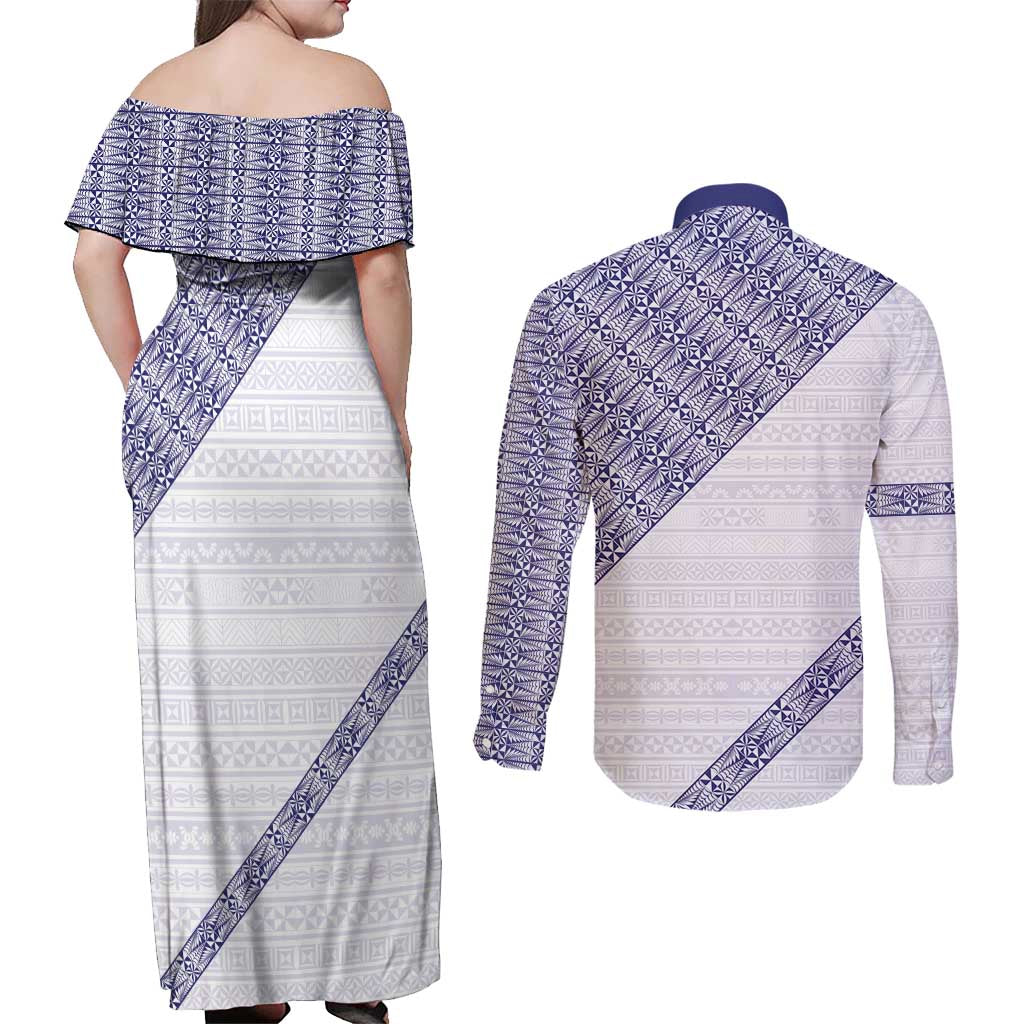 Tonga Queen Salote College Couples Matching Off Shoulder Maxi Dress and Long Sleeve Button Shirt 100 Years Anniversary White Color LT05 - Polynesian Pride