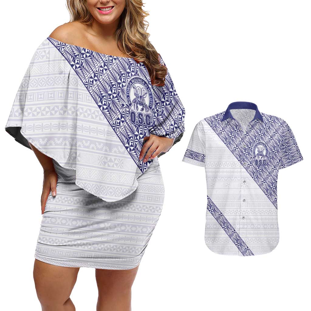 Tonga Queen Salote College Couples Matching Off Shoulder Short Dress and Hawaiian Shirt 100 Years Anniversary White Color LT05 White - Polynesian Pride