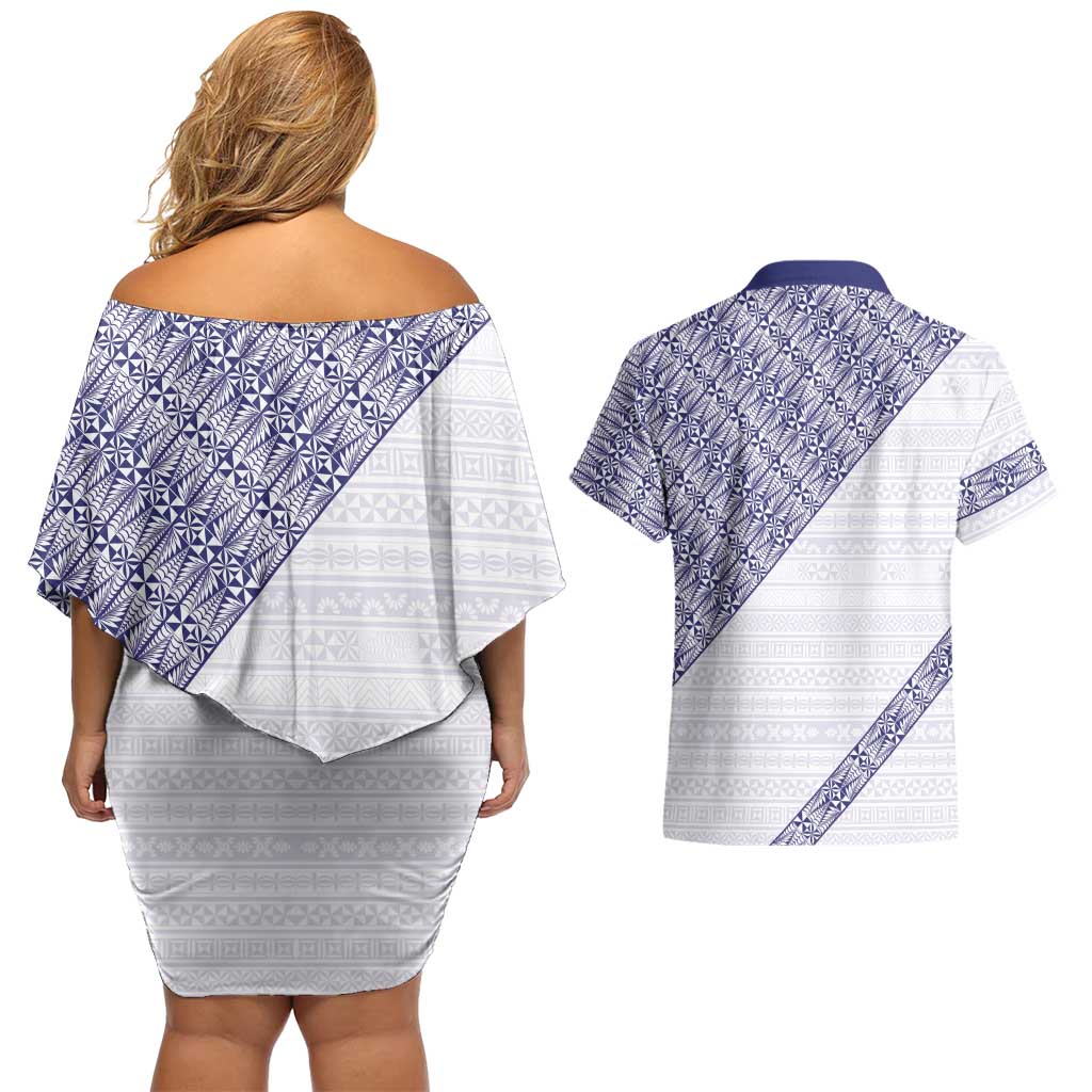 Tonga Queen Salote College Couples Matching Off Shoulder Short Dress and Hawaiian Shirt 100 Years Anniversary White Color LT05 - Polynesian Pride