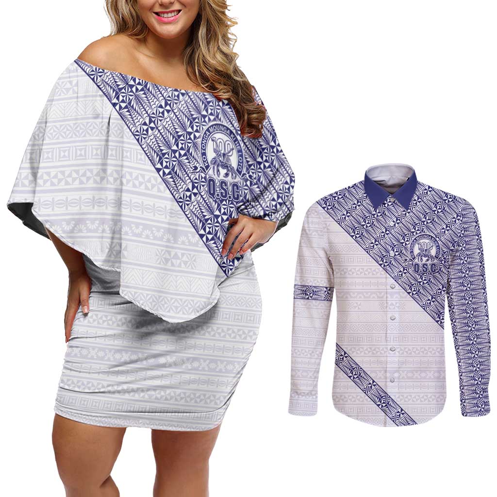 Tonga Queen Salote College Couples Matching Off Shoulder Short Dress and Long Sleeve Button Shirt 100 Years Anniversary White Color LT05 White - Polynesian Pride