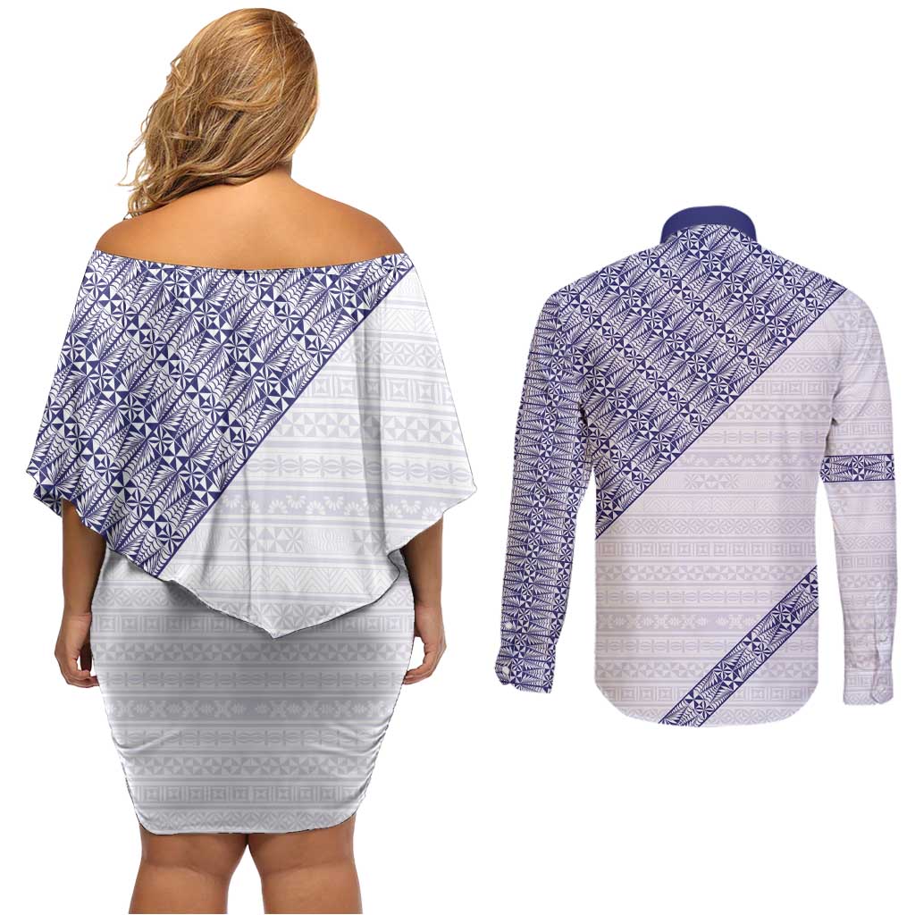 Tonga Queen Salote College Couples Matching Off Shoulder Short Dress and Long Sleeve Button Shirt 100 Years Anniversary White Color LT05 - Polynesian Pride