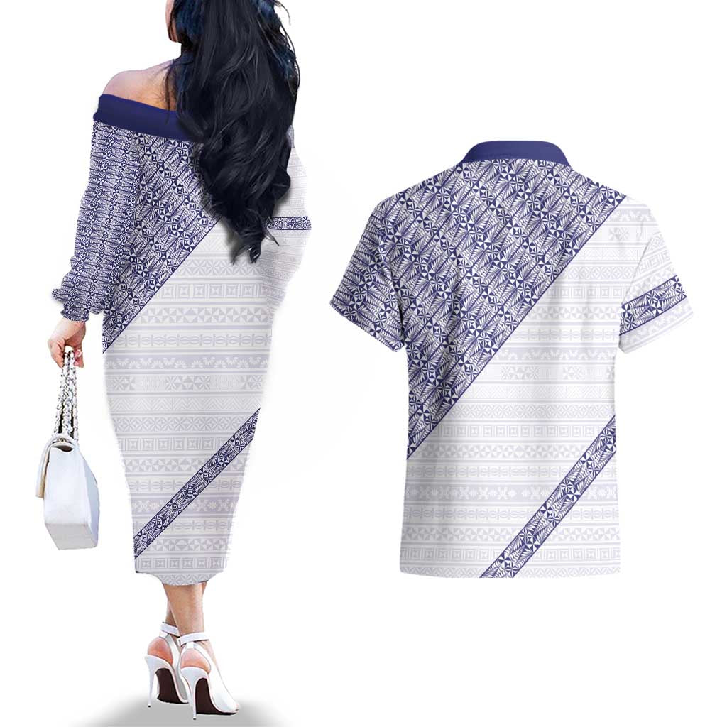 Tonga Queen Salote College Couples Matching Off The Shoulder Long Sleeve Dress and Hawaiian Shirt 100 Years Anniversary White Color LT05 - Polynesian Pride