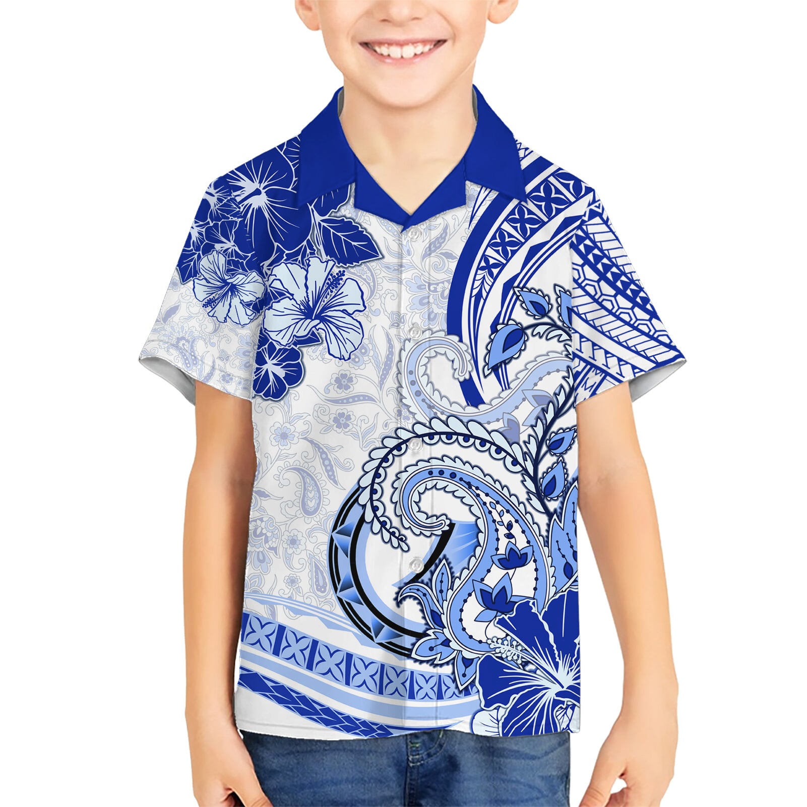 Polynesia Paisley Kid Hawaiian Shirt Mix Navy Polynesian Pattern LT05 Kid Navy - Polynesian Pride