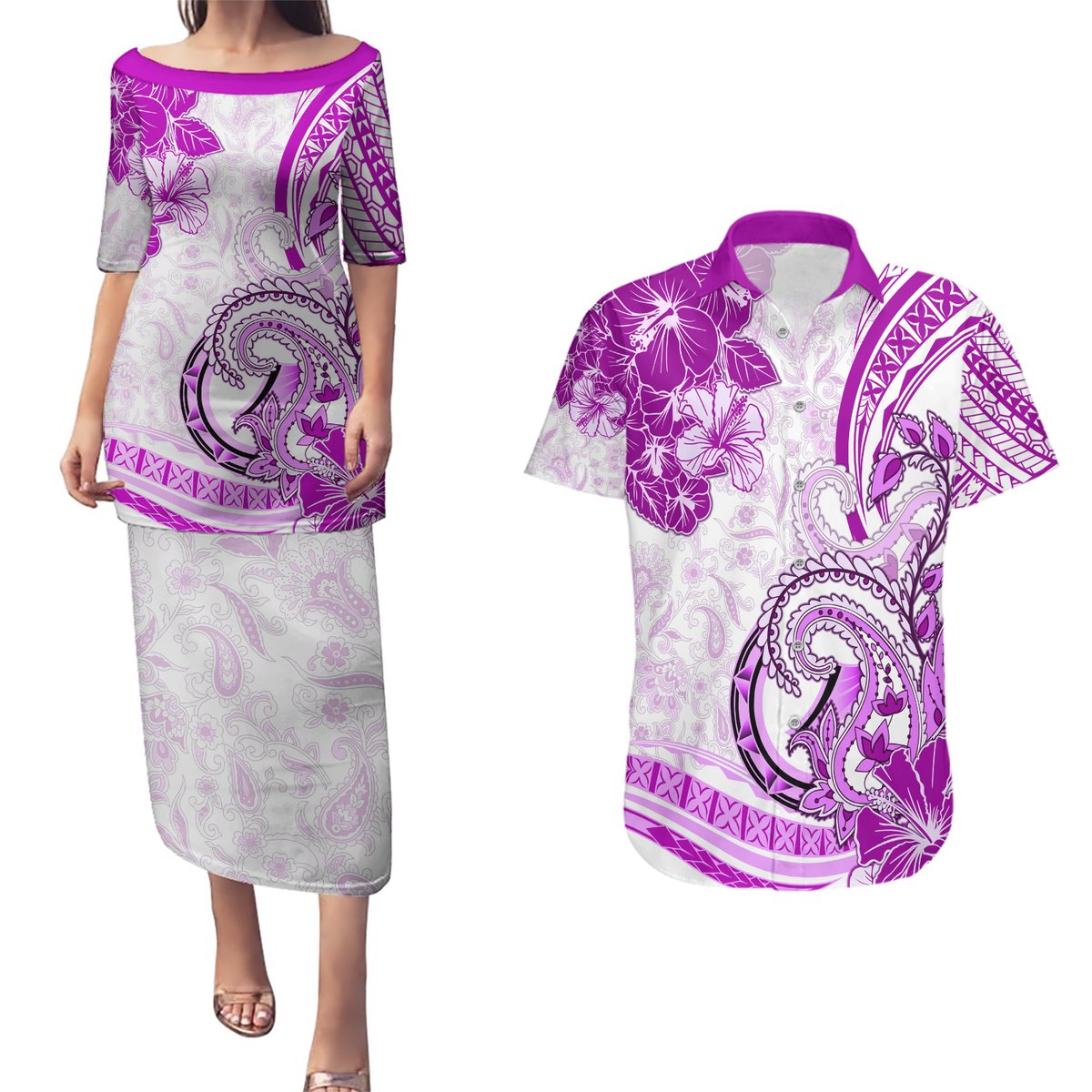 Polynesia Paisley Couples Matching Puletasi and Hawaiian Shirt Mix Pink Polynesian Pattern LT05 Pink - Polynesian Pride