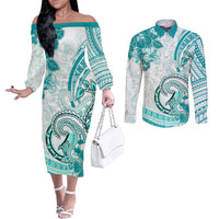 Polynesia Paisley Couples Matching Off The Shoulder Long Sleeve Dress and Long Sleeve Button Shirt Mix Teal Polynesian Pattern LT05 Teal - Polynesian Pride