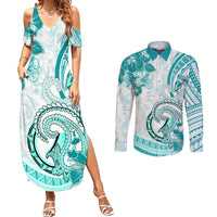 Polynesia Paisley Couples Matching Summer Maxi Dress and Long Sleeve Button Shirt Mix Teal Polynesian Pattern LT05 Teal - Polynesian Pride