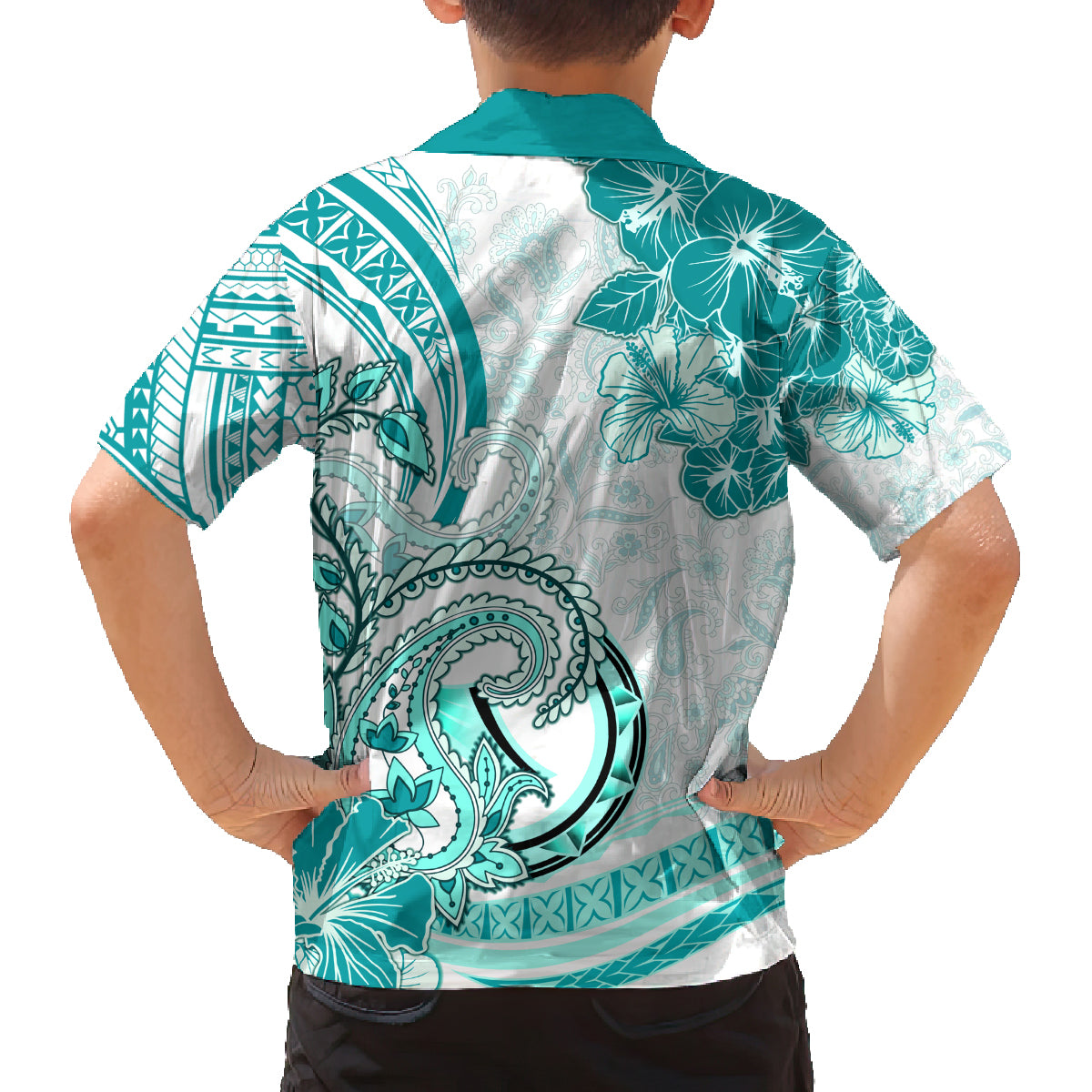 Polynesia Paisley Family Matching Off Shoulder Long Sleeve Dress and Hawaiian Shirt Mix Teal Polynesian Pattern LT05 - Polynesian Pride
